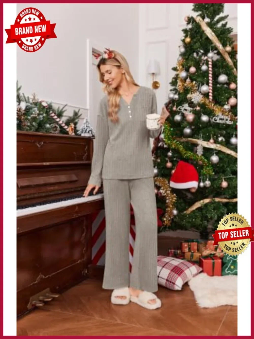 Women's Ribbed Knit Lounge Set - Henley Top & Wide Leg Pants, 2 Piece Pajamas